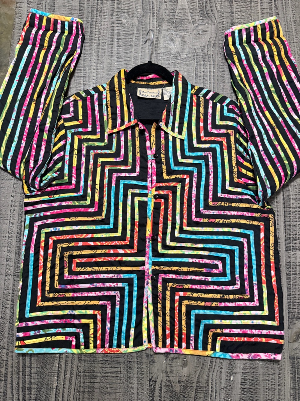 New Direction Black Multicolor Geometric-Embroidery Striped Jacket